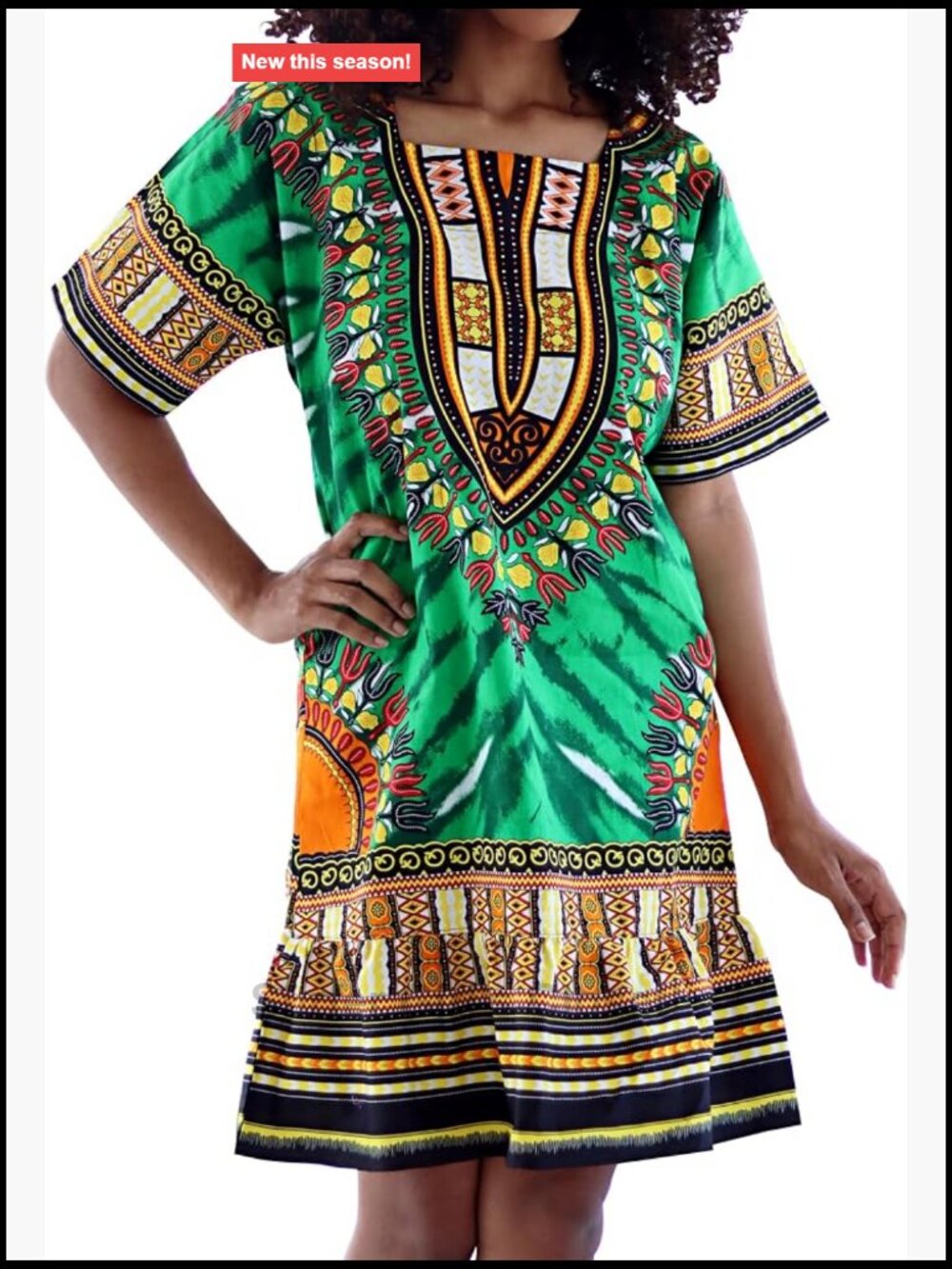 60s Boho Cropped One Piece Ruffle Dashiki Dress with Side Pockets 100% Cotton